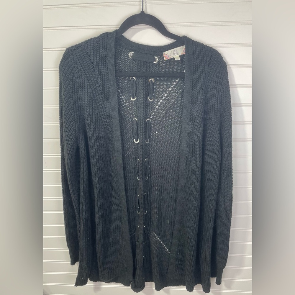 Pink Rose Black Open-Knit Cardigan